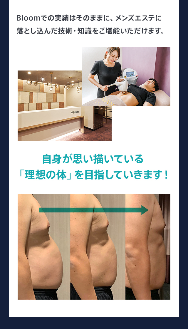 Bloomでの実績はそのままに、メンズエステに落とし込んだ技術・知識をご堪能いただけます。自身が思い描いている「理想の体」を目指していきます！