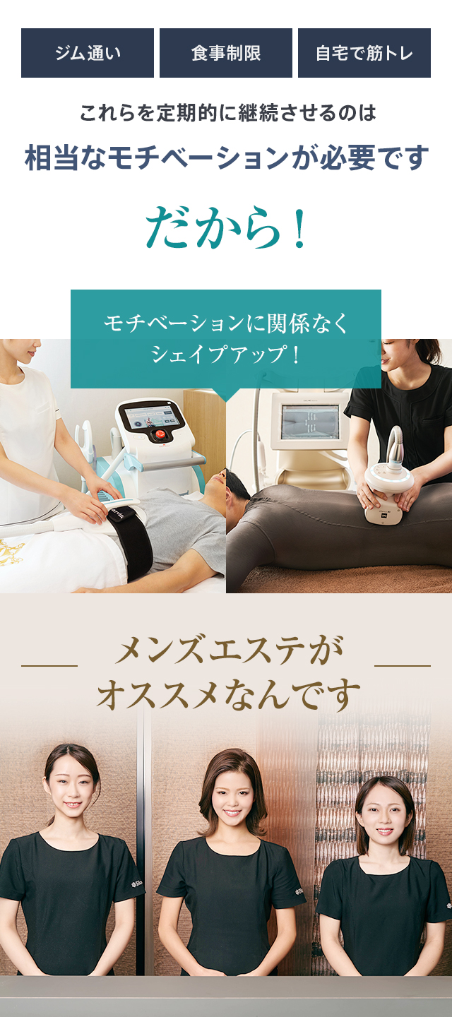 ジム通い・食事制限・自宅で筋トレ これらを定期的に継続させるのは相当なモチベーションが必要です だから！モチベーションに関係なくシェイプアップ！メンズエステがオススメなんです